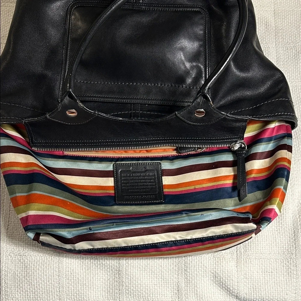 Coach F14383 Bleeker Black Leather Tote with Colorful Striped Interior
